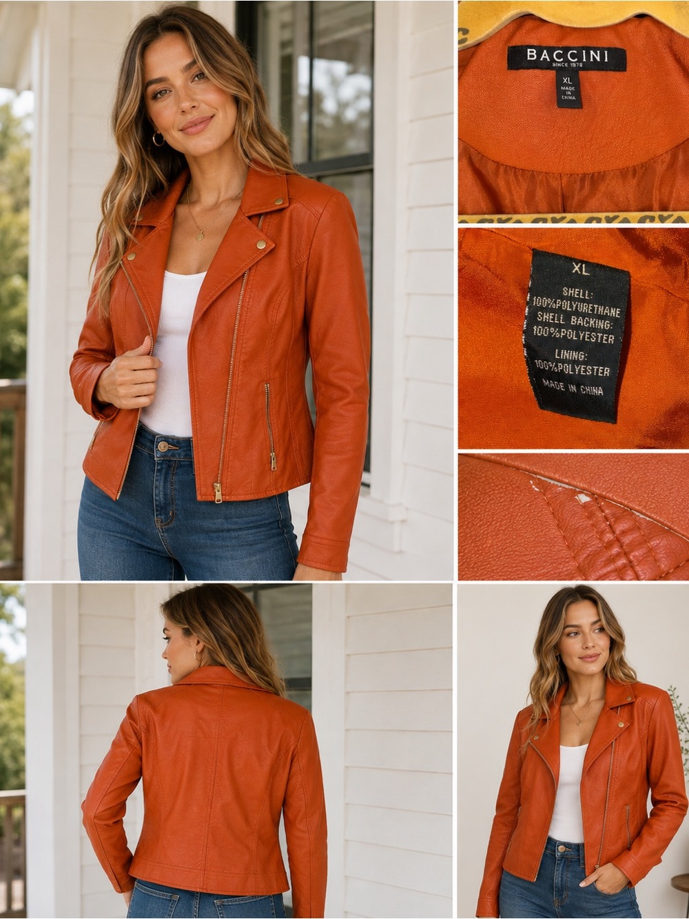 Baccini XL Burnt Orange Faux Leather Moto Jacket Biker Zip Up
